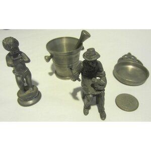 ETAIN 95% Rein Zinn Pewter mini mortar plate figures 4 pc VINTAGE